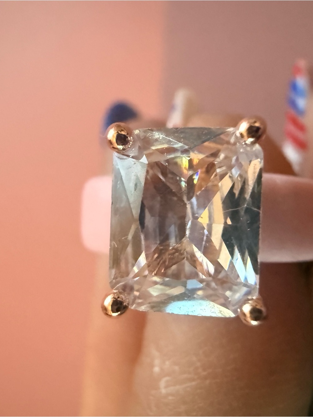 Elegant Gold-Prong Clear Stone Cocktail Ring with pink silicone band-Size 9 - Picture 4 of 4